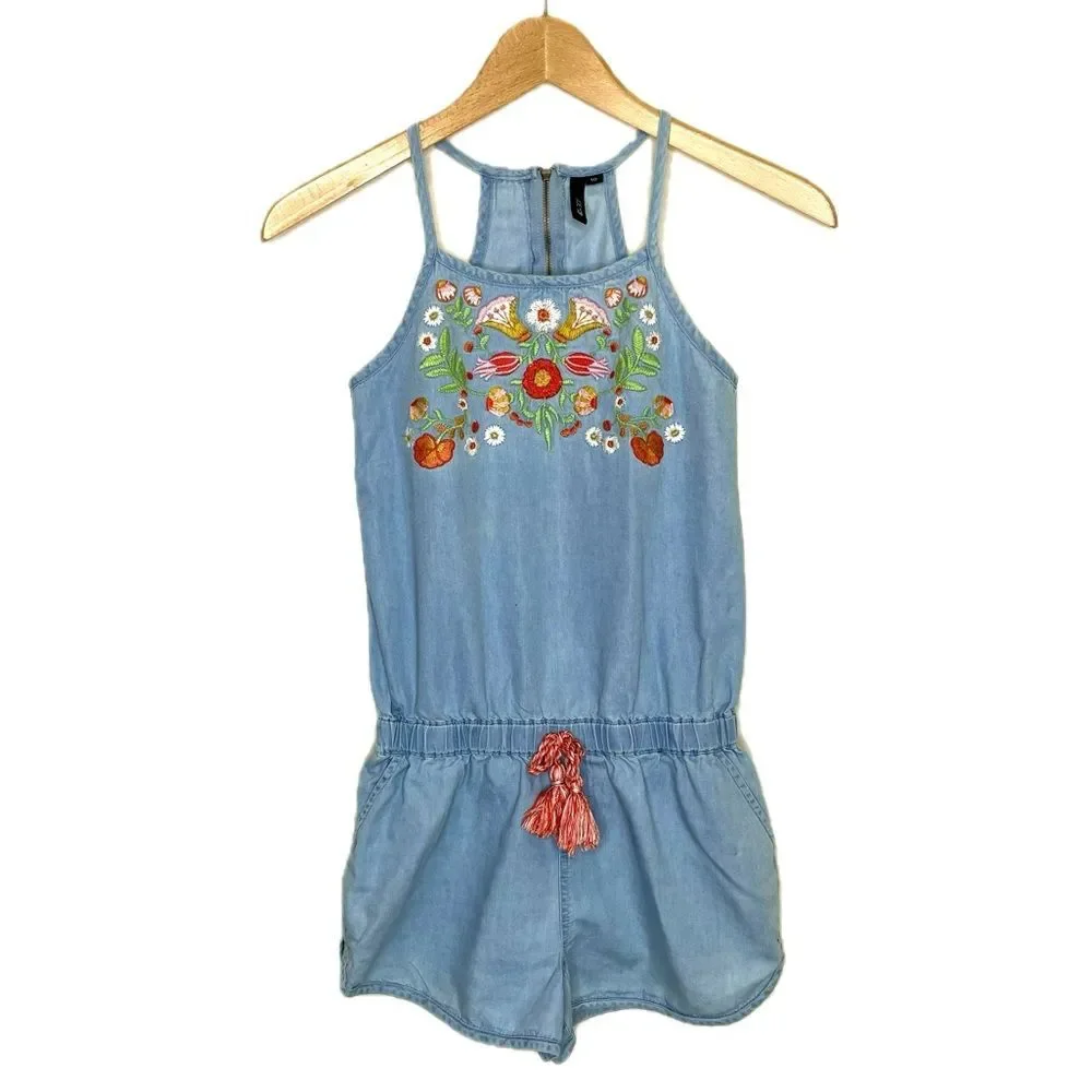 JOE'S Kids Chambray Tencel Denim Floral Embroidered Tank Romper Girls Size 10